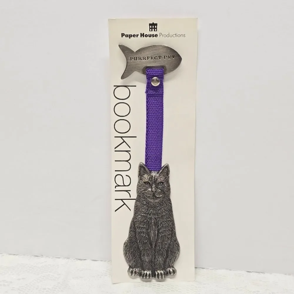 Pewter Cat & Fish Bookmark with Purple Ribbon Perfect Pet NWT